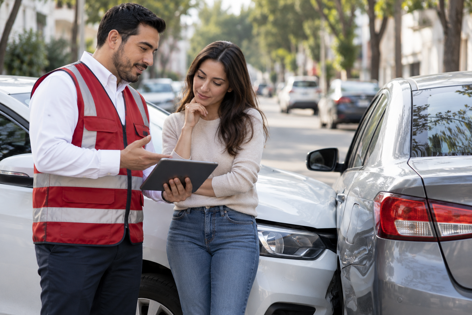 Asesor ayudando a una conductora después de un incidente menor